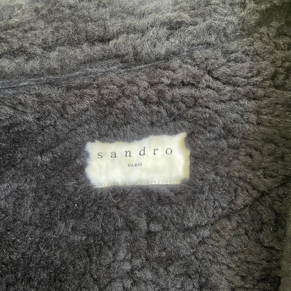 Sandro amber shearling black leather jacket coat - Picture 5 of 7